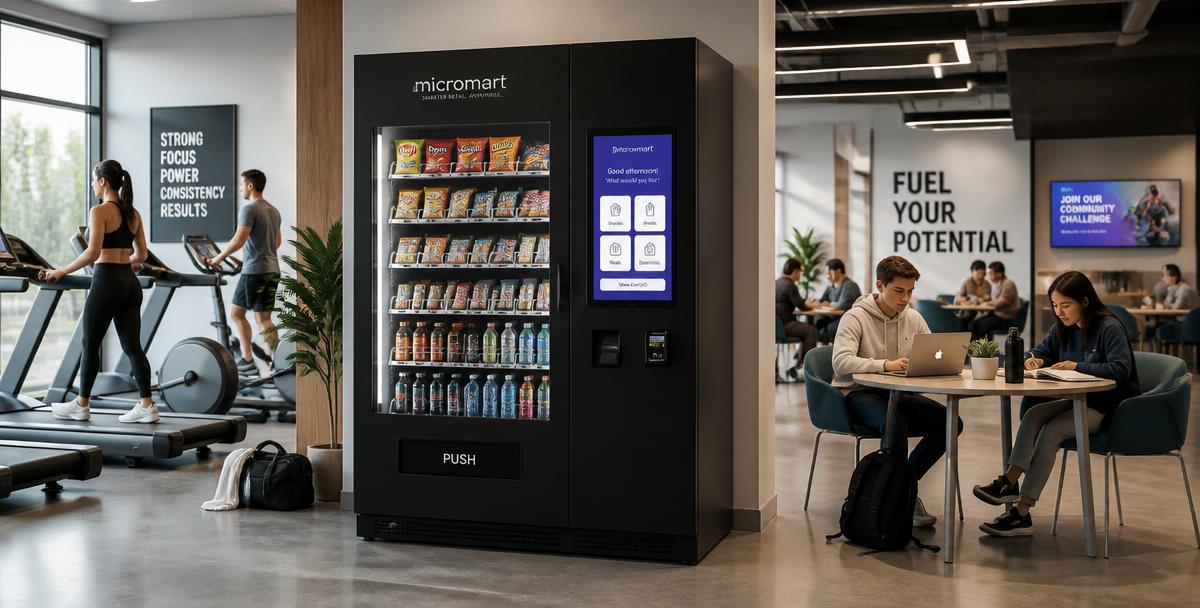 ARC micromart smart vending machine in a modern gym and student lounge shared space