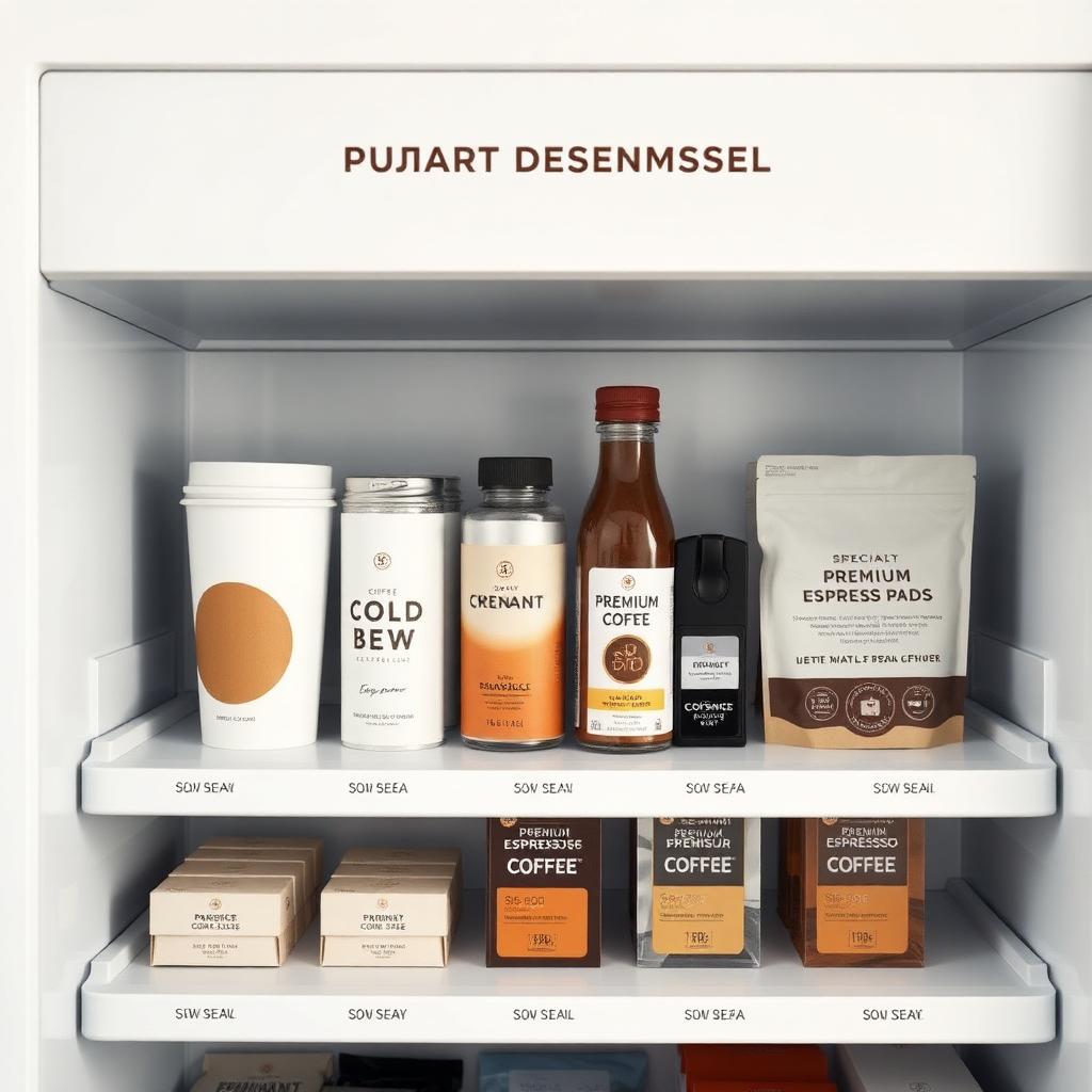A selection of premium coffee products including cold brew cans, espresso pods, and iced lattes in a modern micromart display