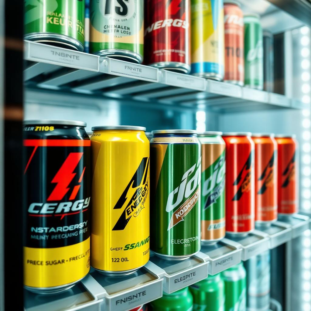Colorful energy drinks and sports beverages displayed in a refrigerated vending machine