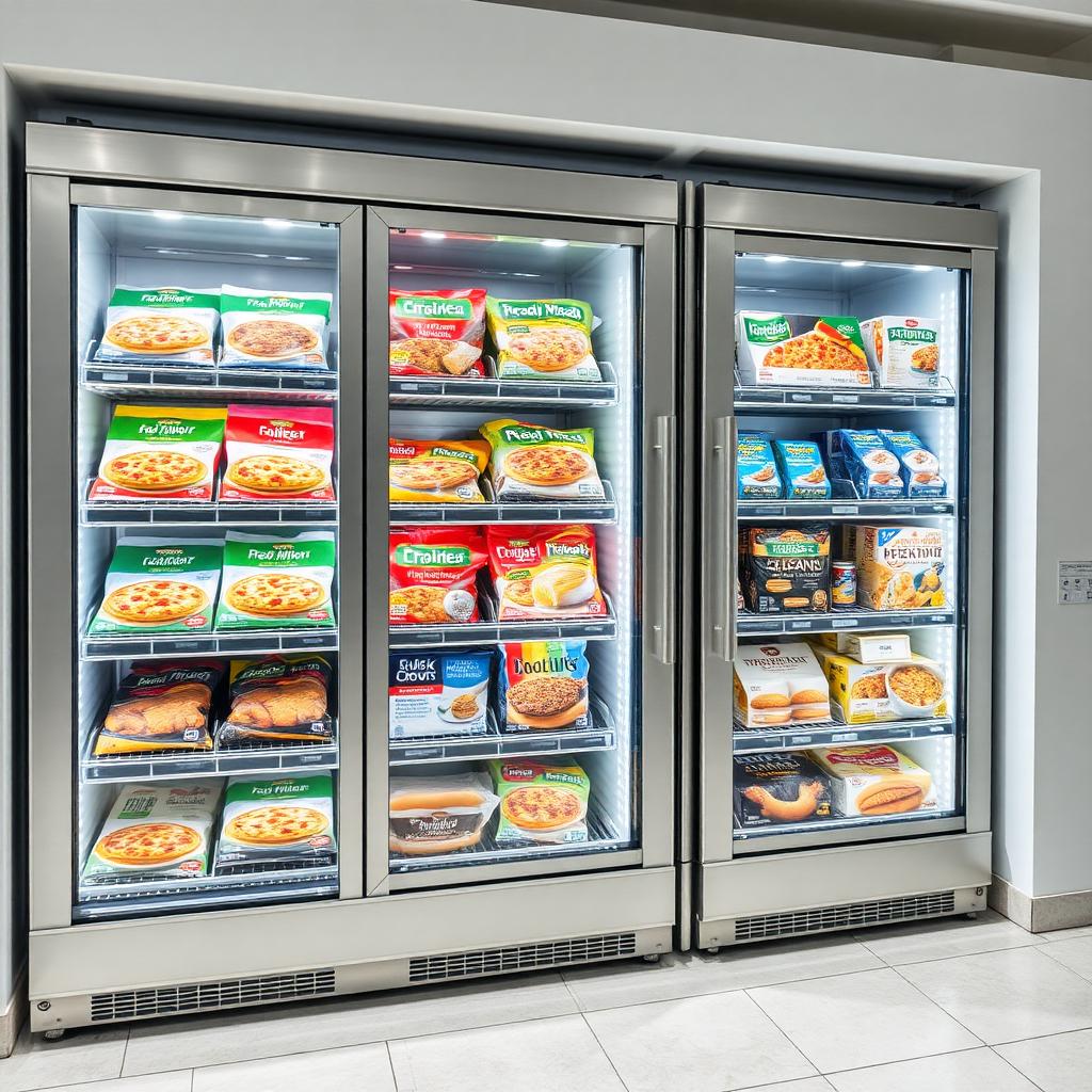 Frozen meals, pizzas, and ice cream in a modern glass-door freezer display