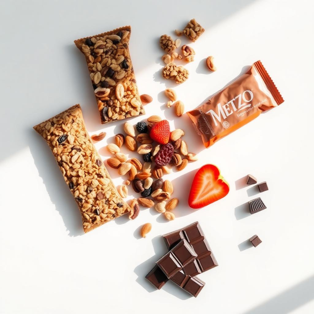 A selection of healthy snacks including granola bars, nuts, dried fruit, and dark chocolate arranged on a clean white surface