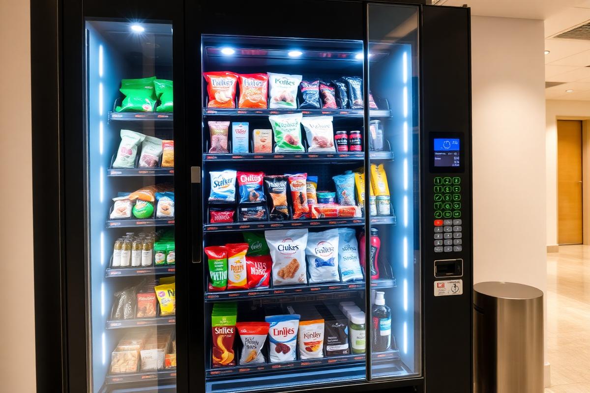 ARC Vending micromart interior stocked with healthy snacks, protein bars, energy drinks, coffee, toiletries, tech essentials, and frozen selections