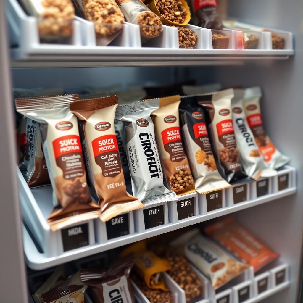 Protein bars neatly arranged on a modern vending machine shelf