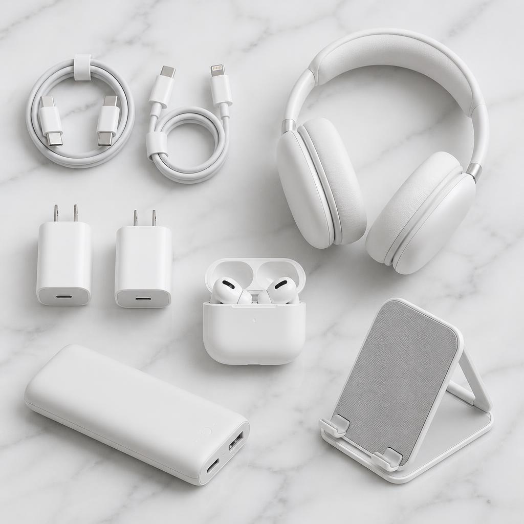 A selection of tech essentials including charging cables, charge blocks, wireless earbuds, and headphones in a modern micromart display