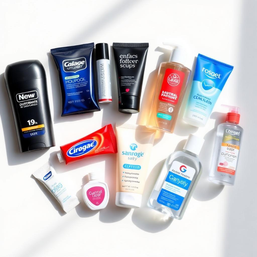 Travel-size toiletries including deodorant, toothpaste, shampoo, and body wash on a clean white surface